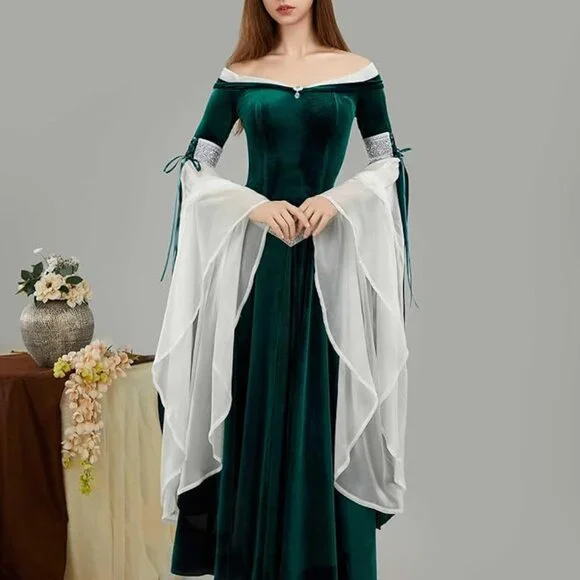 Peacock Green Medieval Elf Dress with Chiffon Sleeves and Belt - Picture 2 of 3